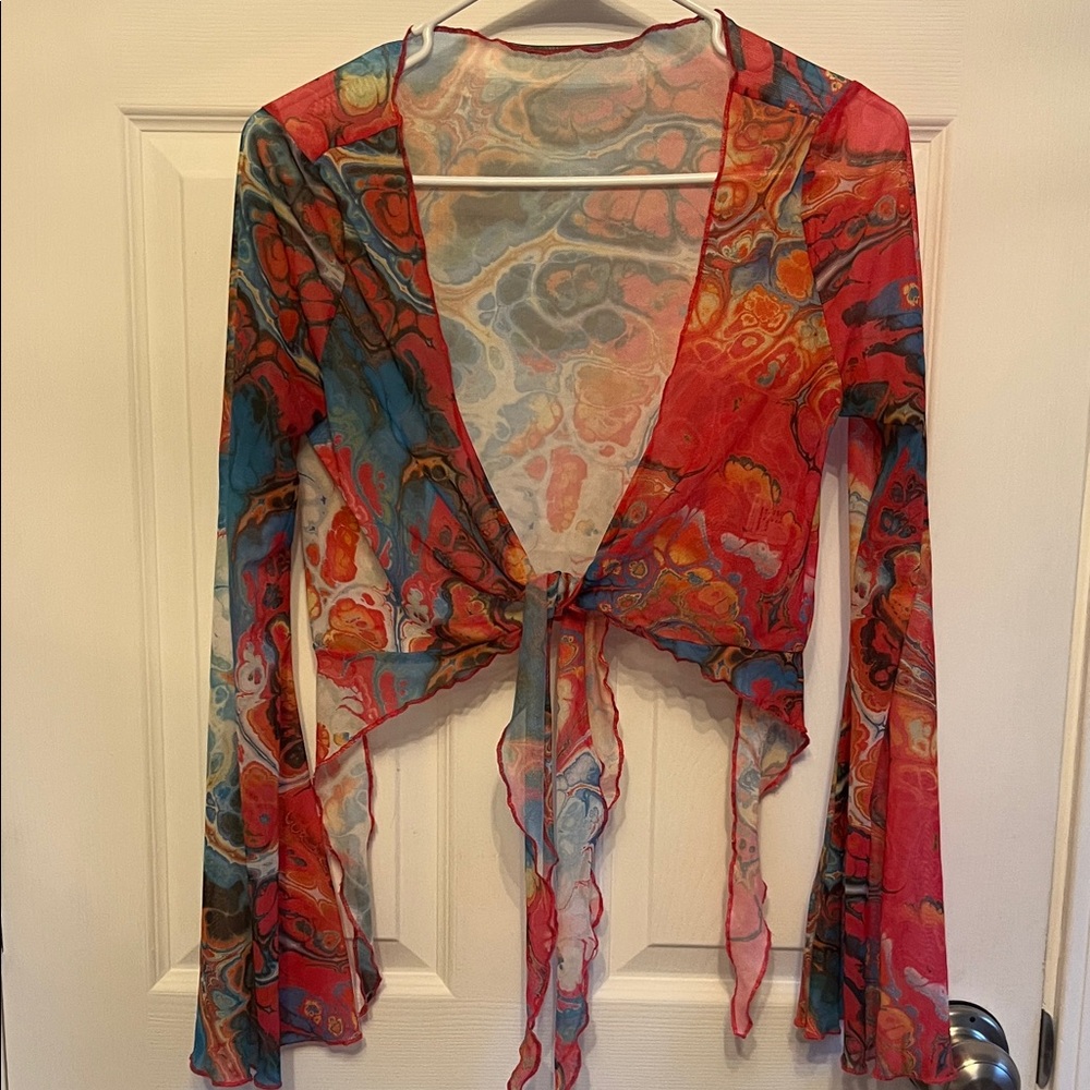 Colorful Tie-Front Sheer Top